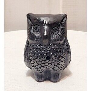OAXOCA Folk Art BLACK Pottery Flute Whistle OWL 3.25 Inches Height
